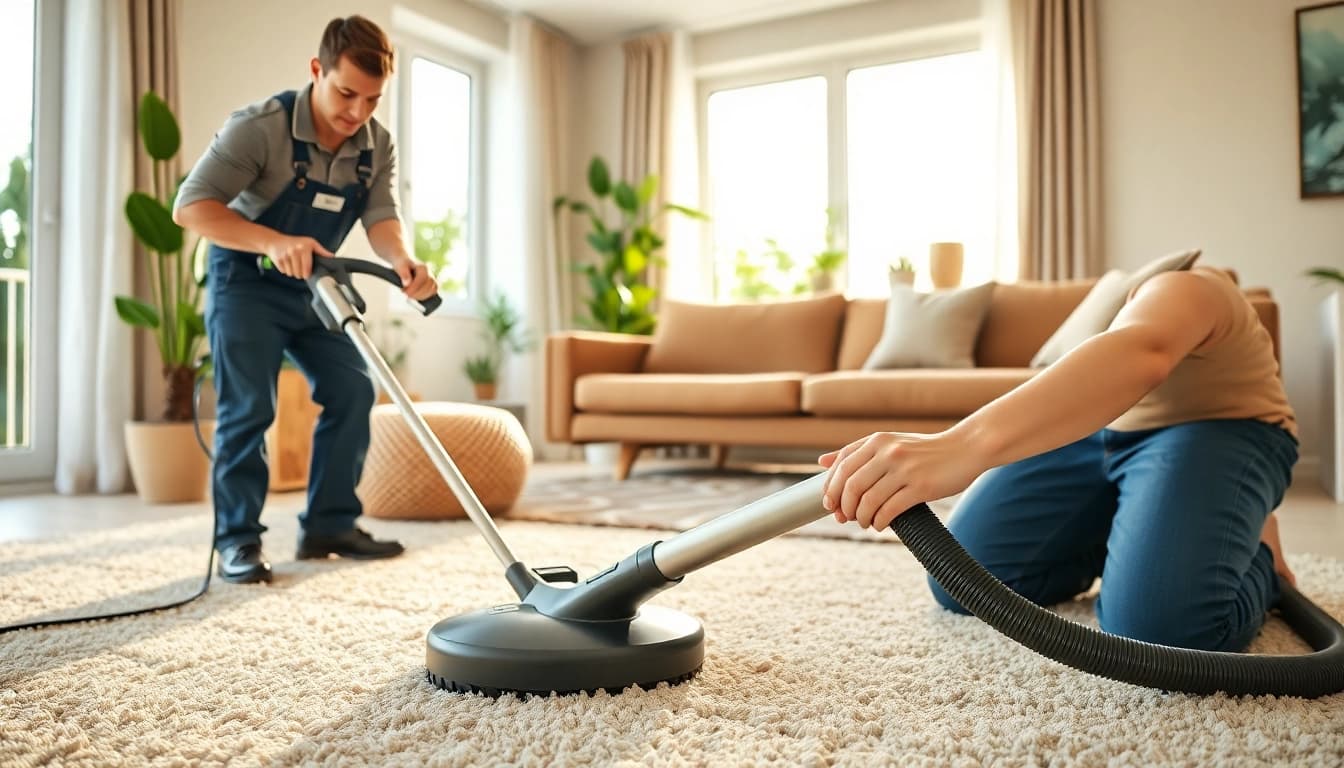 Expert carpet cleaning lincoln ca being performed by a technician in a well-lit living room.