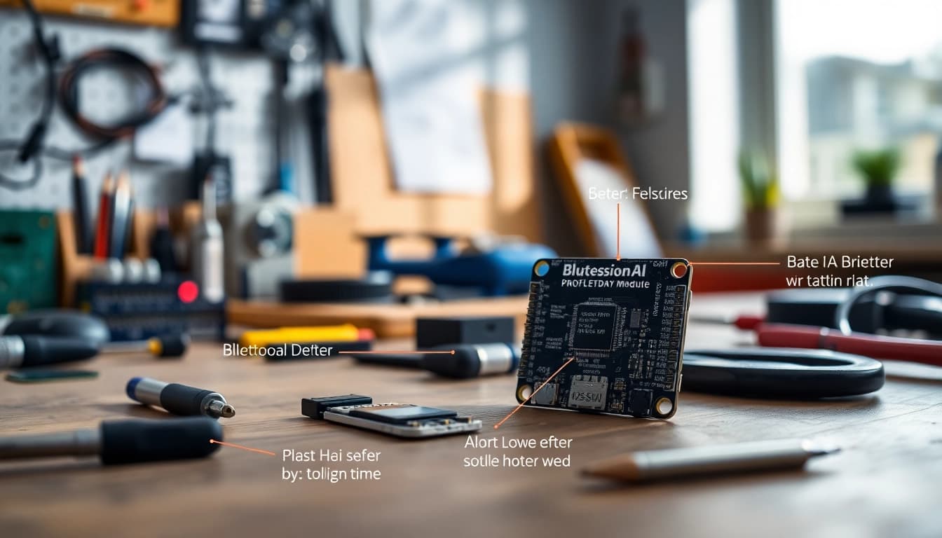 Showcasing a Bluetooth module on a workbench, highlighting its features and components.