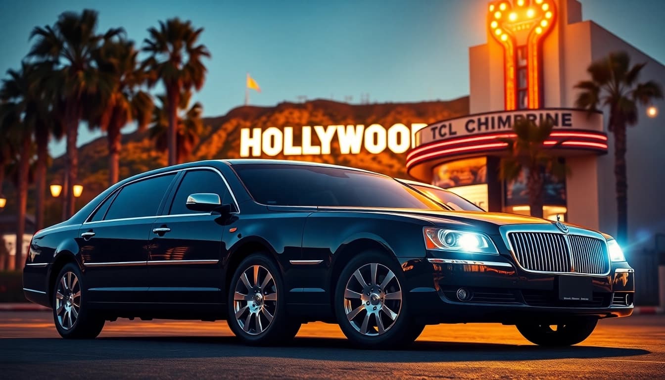 Luxury Hollywood Town Car and Limousine parked by iconic LA landmark, symbolizing premium transport.