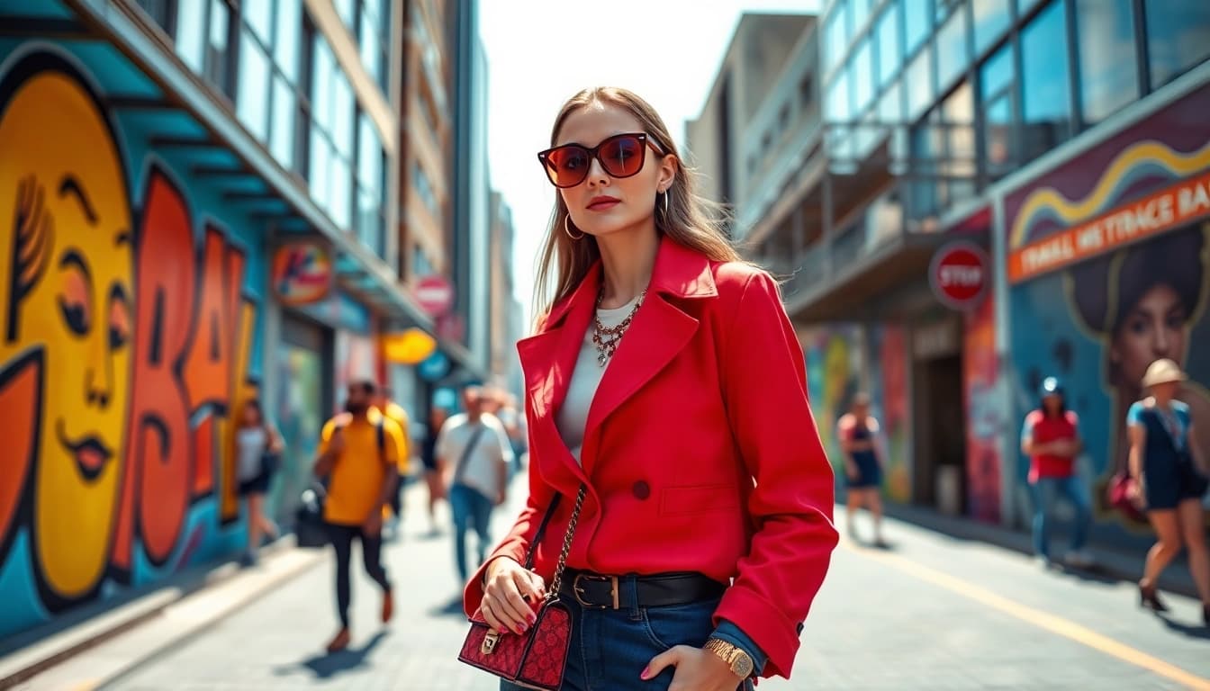 Fashion model confidently showcasing the latest trends in an urban setting.