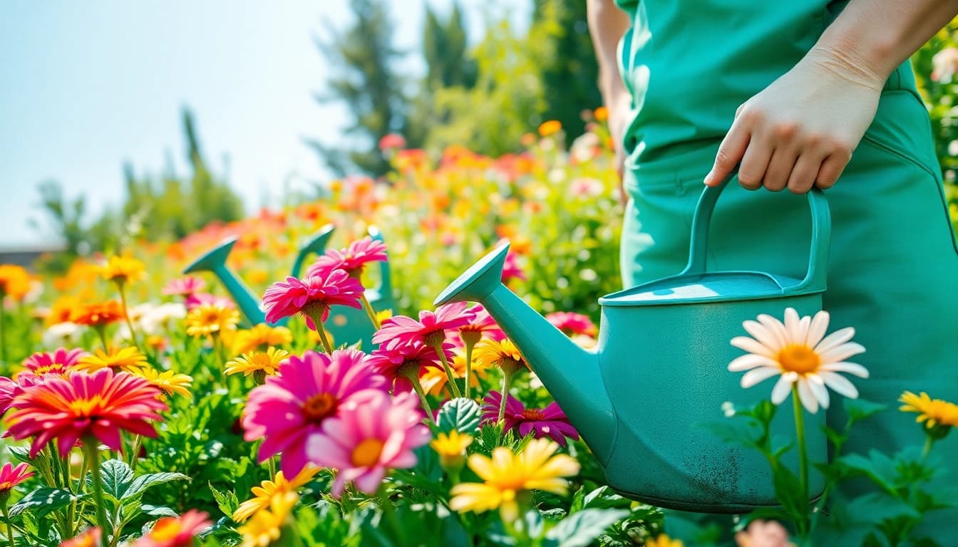 Gardening in a colorful garden with flowering plants and vegetables, showcasing vibrant blooms and tools.
