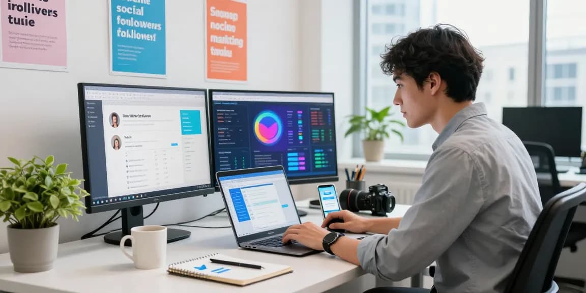 Buy Twitter followers through effective social media strategies in a vibrant office.