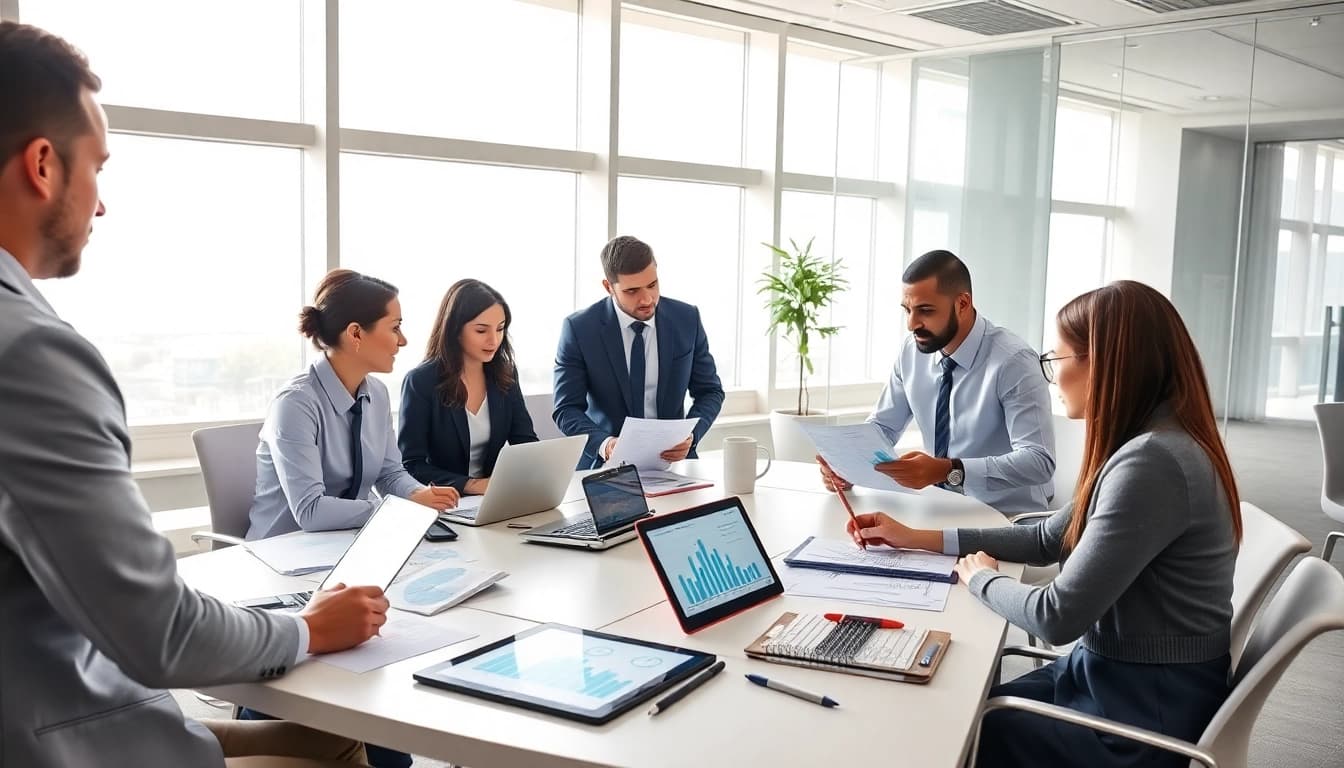 Audit Services in UAE: Professional team collaborating on financial audits in a modern office.