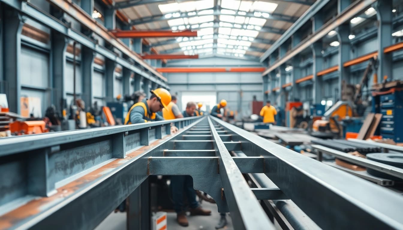 Showcasing structural steel fabrication, skilled workers expertly shape metal beams and frames in a workshop.