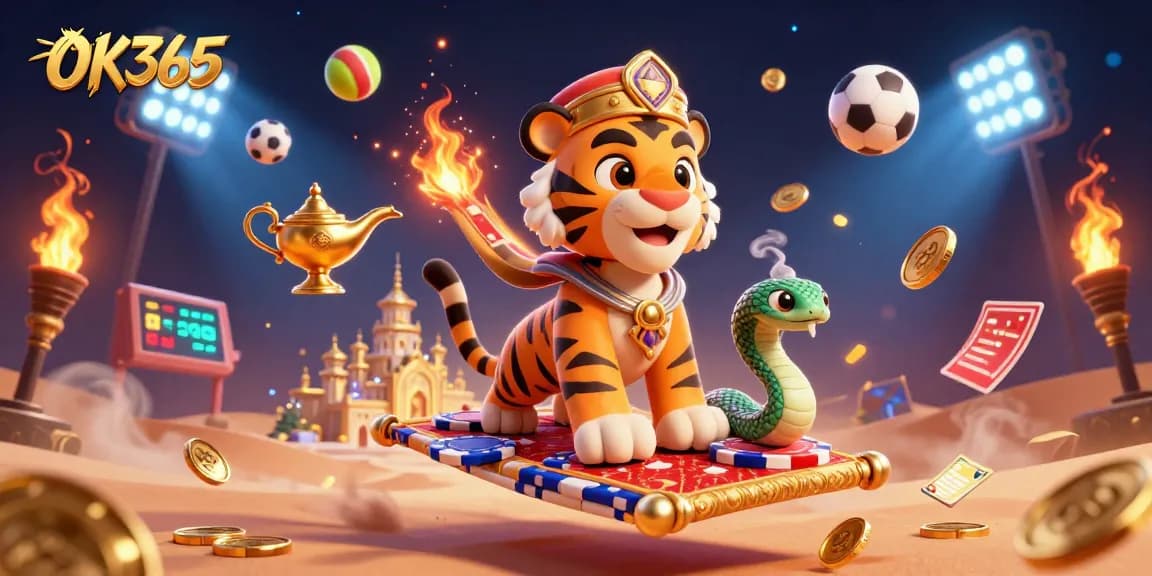 Engage in thrilling gameplay at OK365 with an enchanting scene of a tiger sultan and vibrant sports elements.