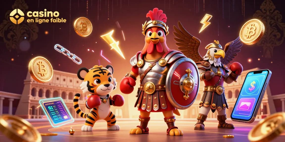 Jouez sur un casino en ligne fiable avec un rooster gladiateur et un tigre, entourés de crypto pièces.