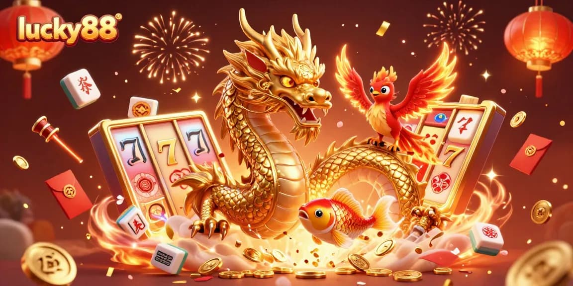Spin and win with lucky88 in a vibrant casino scene featuring a golden dragon and rich rewards.