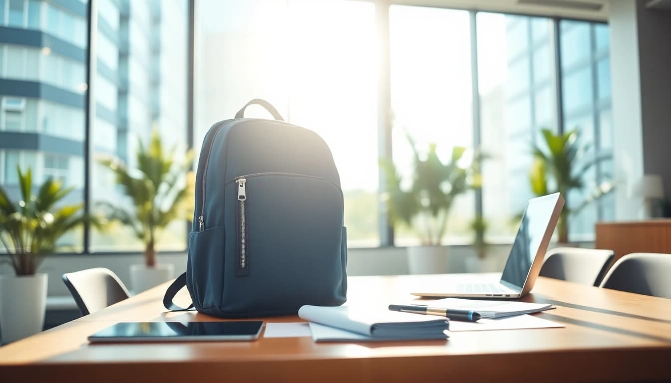 Business Rucksack auf einem stilvollen Schreibtisch, umgeben von Laptop und Unterlagen