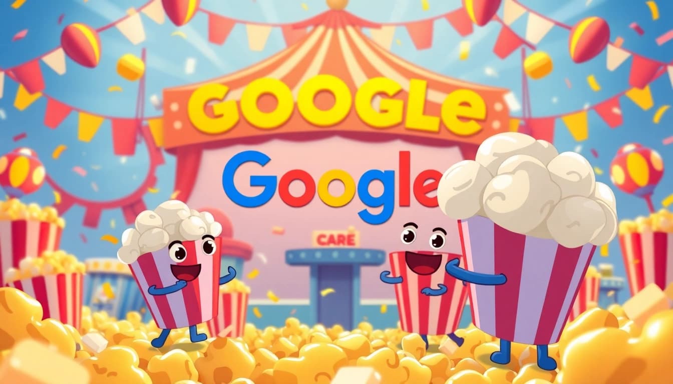 Players enjoying the Popcorn google doodle game with colorful popcorn characters and carnival setting.