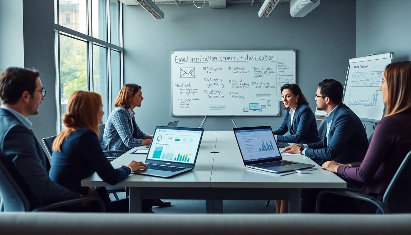 Collaborative meeting on online email verification strategies with diverse professionals.