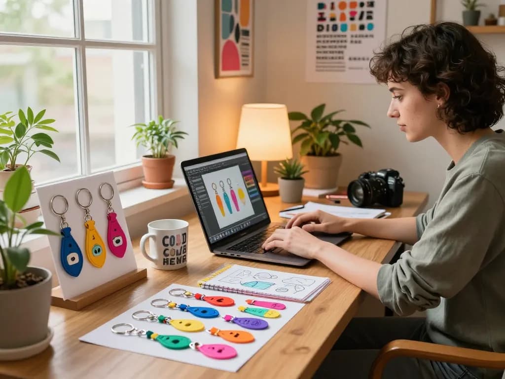Custom key chains displayed on a designer's desk with vibrant colors and tools, showcasing creativity and personalization.