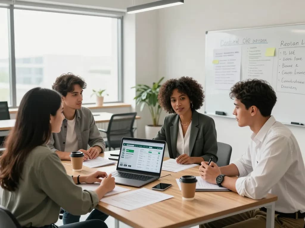 Team discussing the Gratuity Law calculator in a modern office setup with diverse professionals.