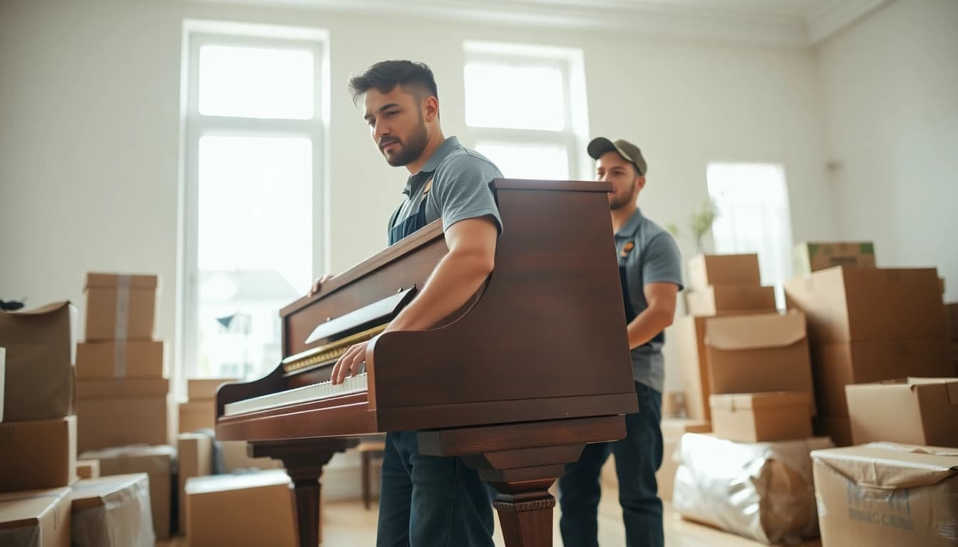 Movers providing specialty moving services Savannah GA handle a vintage piano carefully.