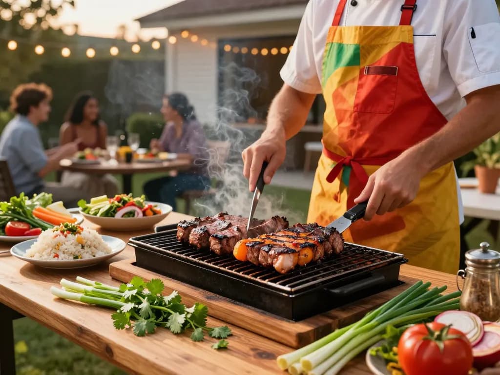 Grilling thai crying tiger steak with fresh veggies and rice in a backyard BBQ setting