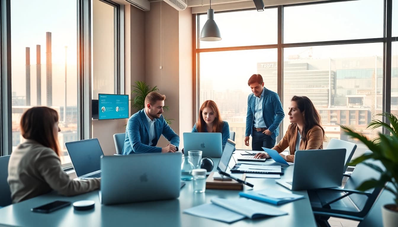 Dynamic office scene showcasing professionals using 有道翻译 for collaborative translation projects.