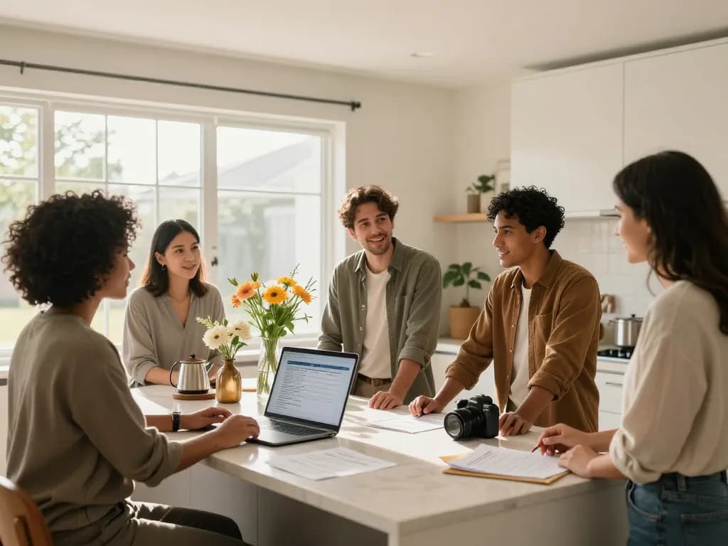 We buy houses for cash discussion in a modern kitchen setting with homeowners and agent