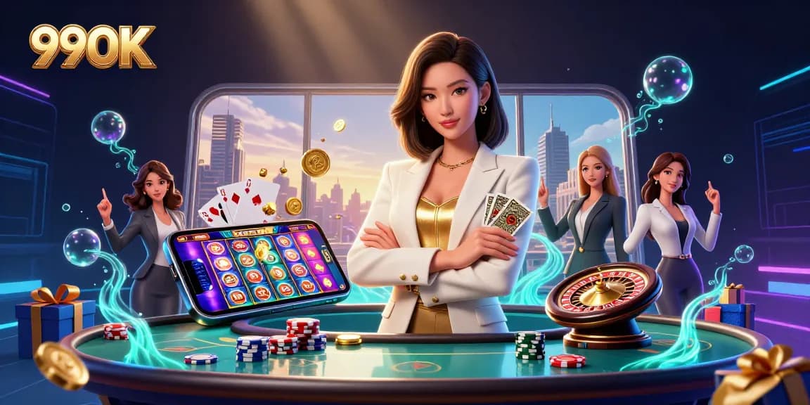 99OK engages players with vibrant slot games and dynamic casino elements in this stunning 3D illustration.