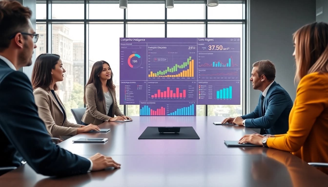 Engaging professionals discussing competitive intelligence faqs in a modern office setting.