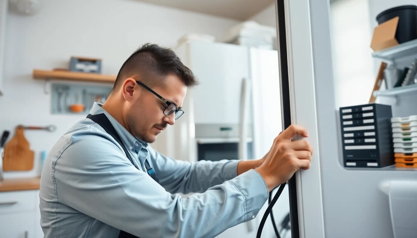 Appliance repair technician fixing a refrigerator in an Ottawa kitchen for appliance repair ottawa.