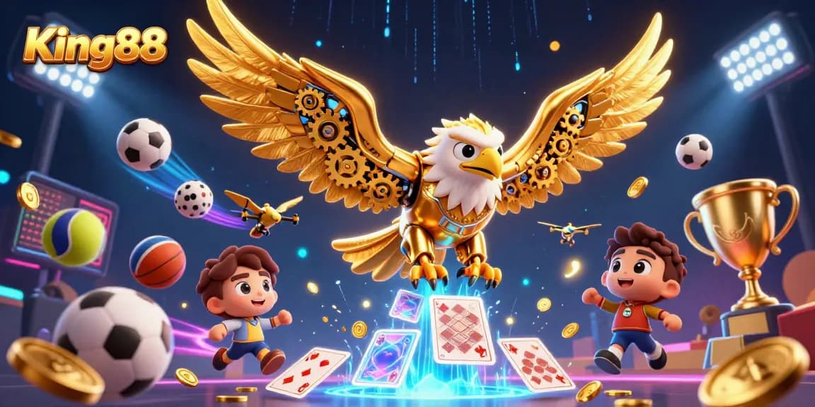 Experience thrilling gaming action at King88 with a golden eagle amidst sports elements.