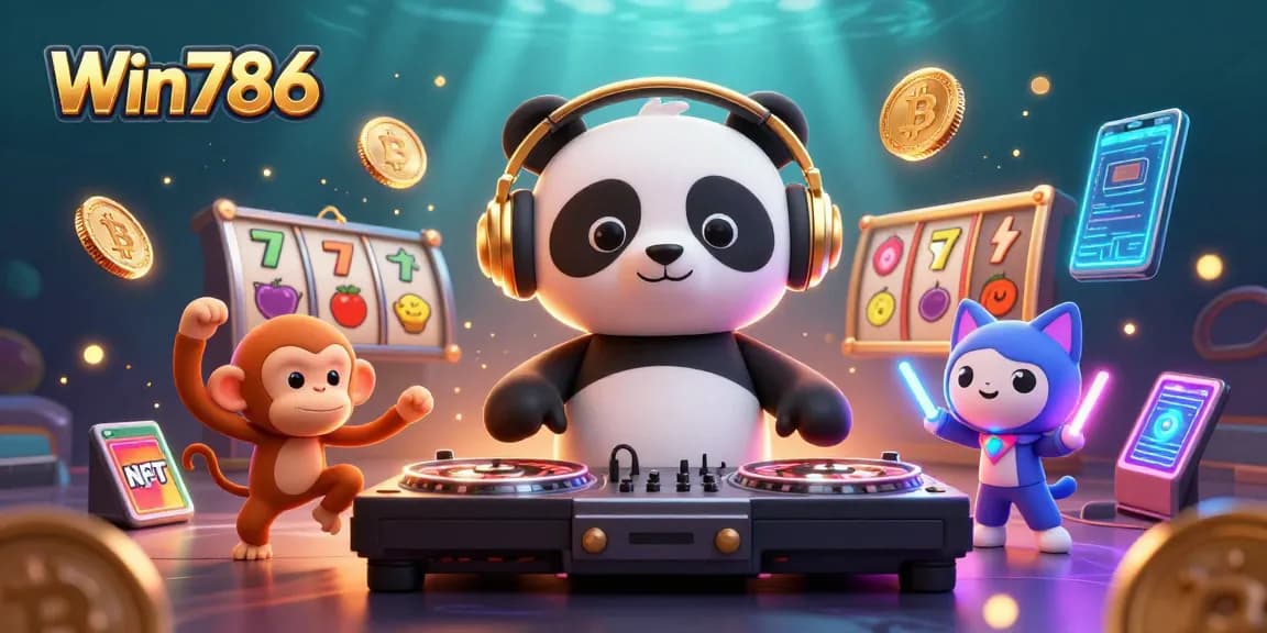 Experience Win786's thrilling casino adventures with vibrant characters amidst colorful slots and crypto elements.