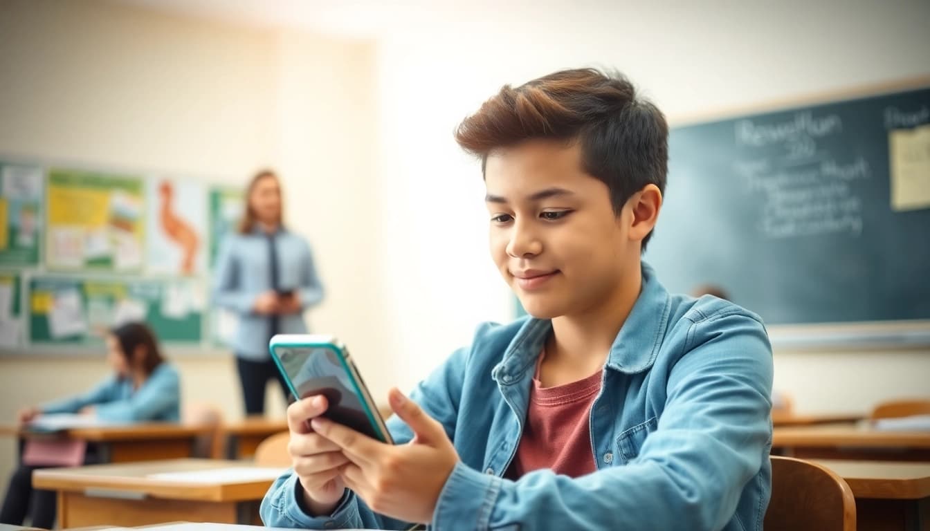 Engaged student managing phon in school life using a smartphone in class.