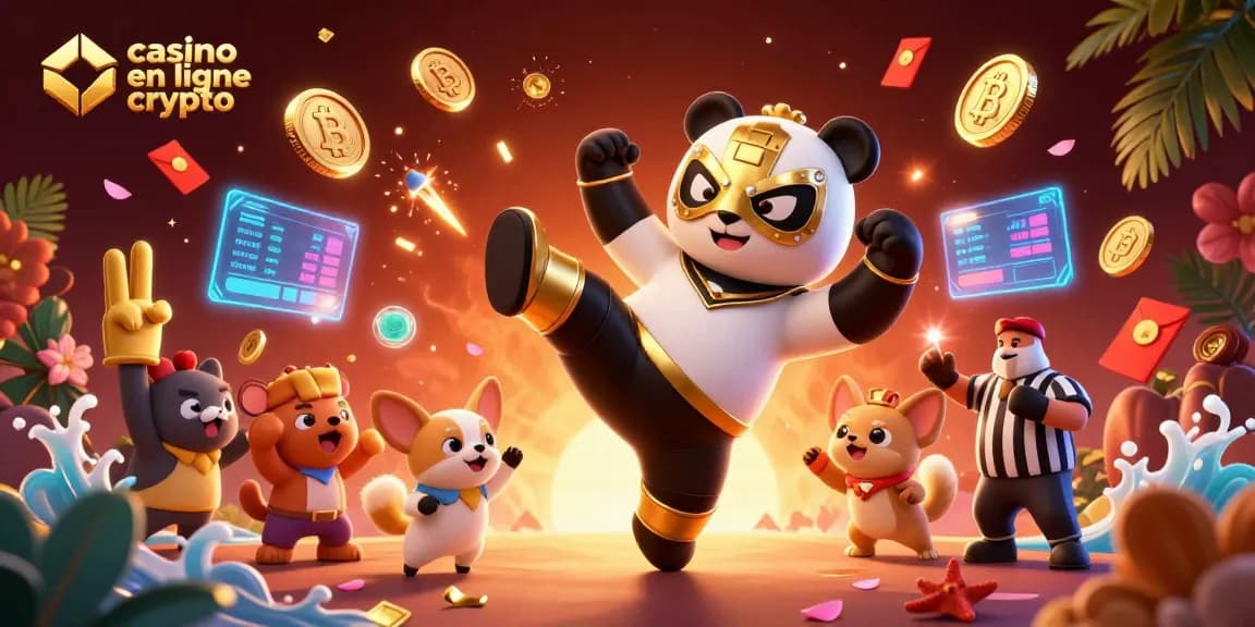 Illustration d'un casino en ligne crypto avec un panda lutteur et un chihuahua juge au cœur de l'action, capturant l'excitation du jeu.