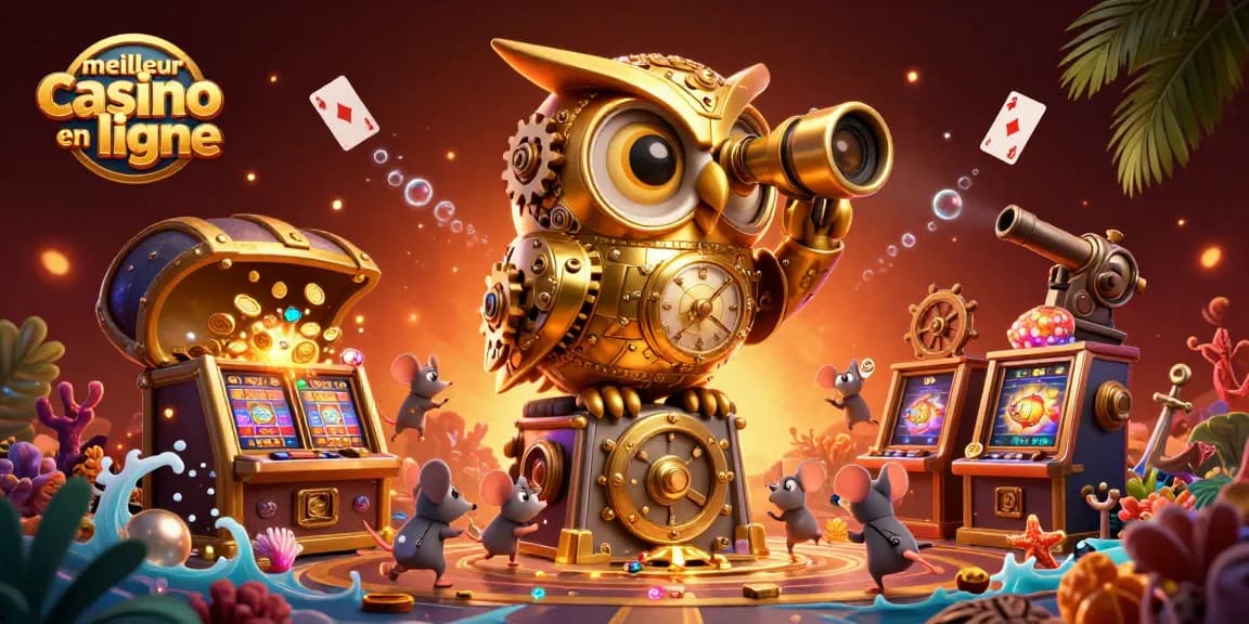Découvrez le meilleur casino en ligne avec une illustration 3D d'un hibou doré et des machines à sous.