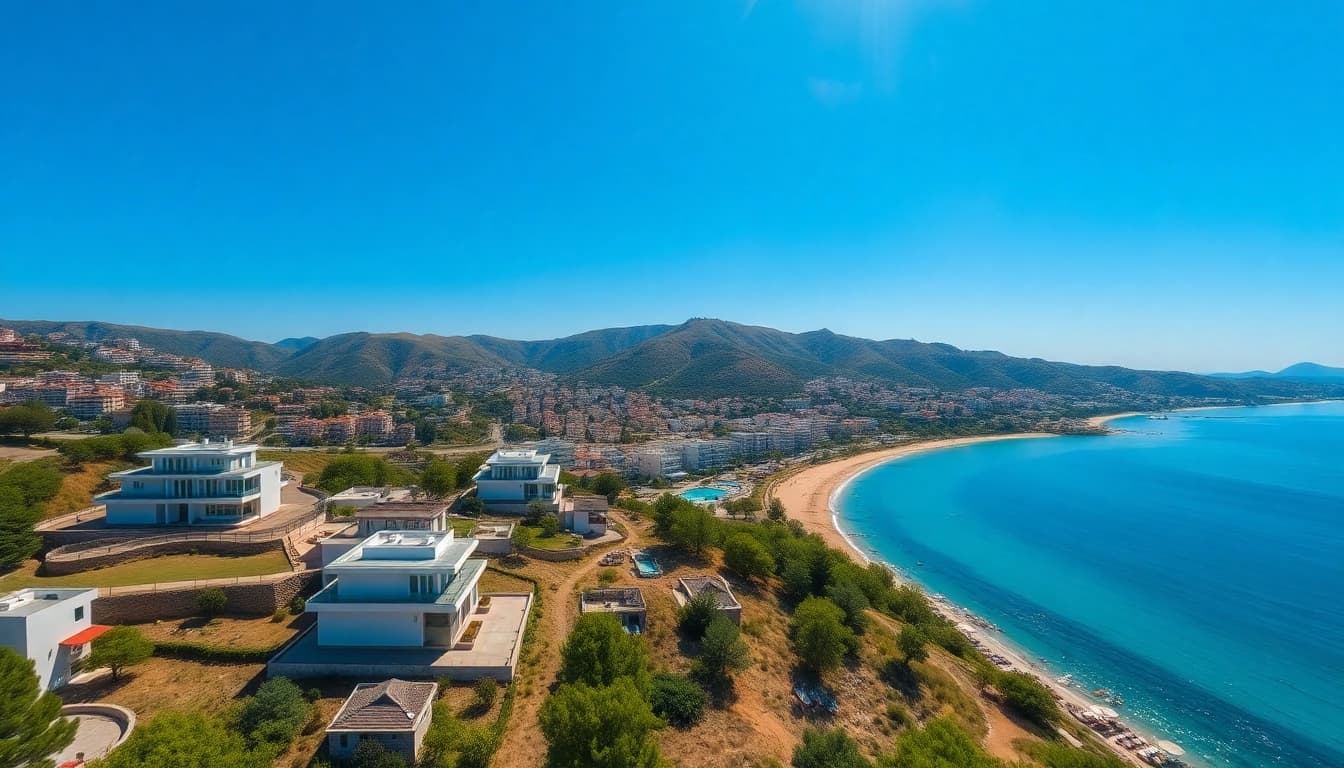 Explore an inviting view of Alanya property sale with modern villas against a sunny beach backdrop.