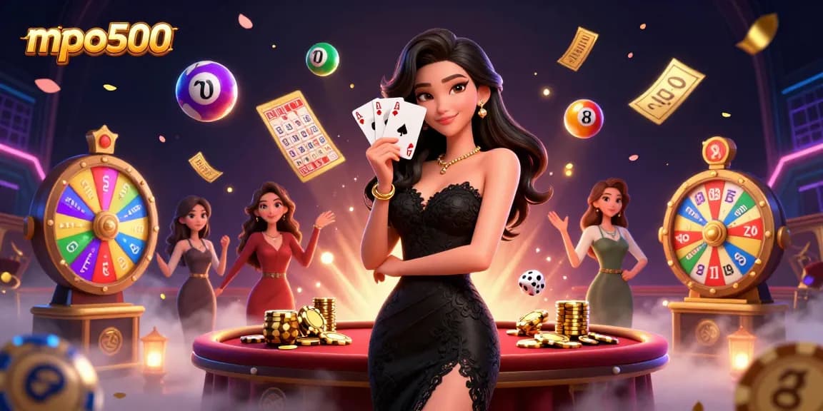 Experience the thrill of mpo500 with a glamorous woman holding playing cards amidst vibrant lottery elements.
