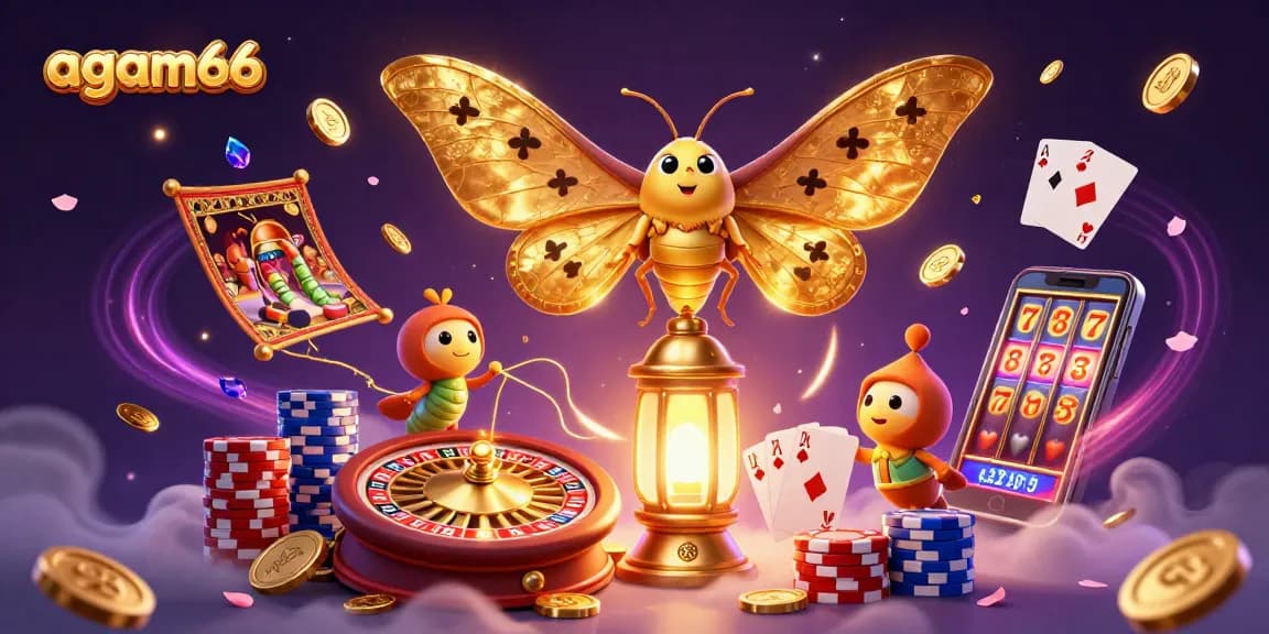 Experience exciting wins with AGAM66 in a vibrant casino-themed illustration.