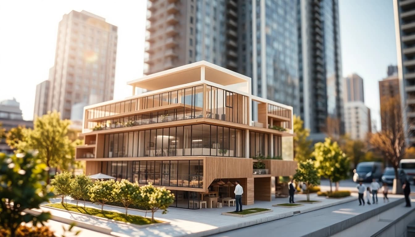 Architekturmodellbau Wuppertal zeigt ein präzises Modell in einem urbanen Umfeld mit modernen Designelementen.