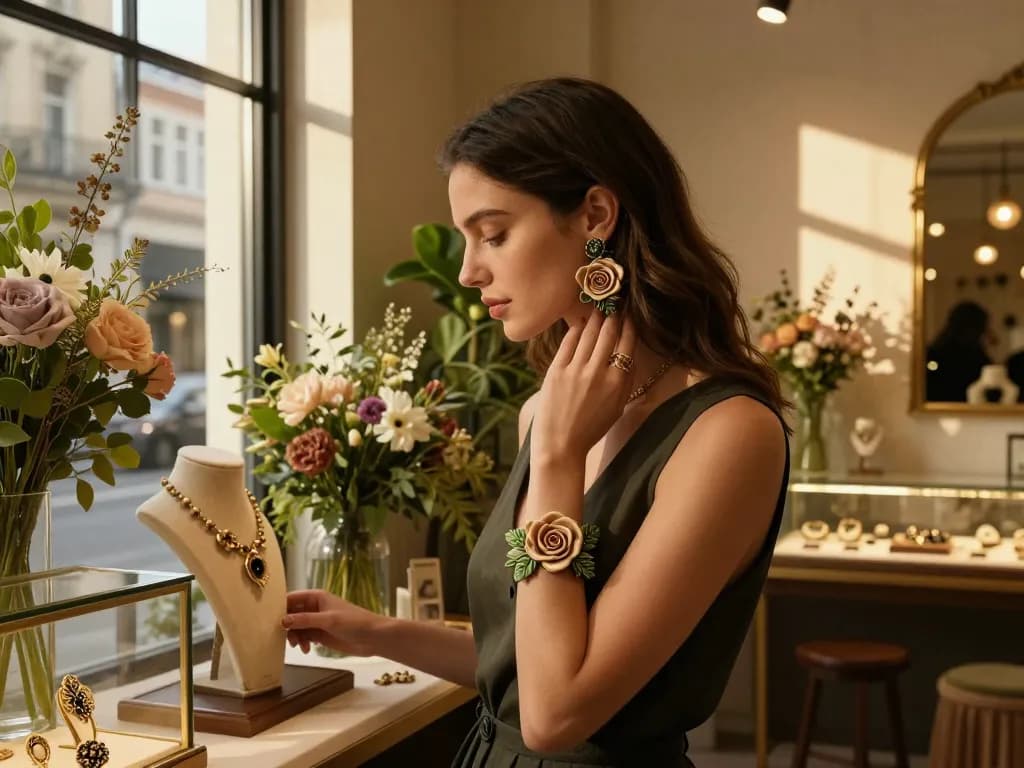 Opdag fantastiske håndlavede smykker i en stilfuld urban butik, med elegante øreringe med rose-tema i en blomstrende baggrund.