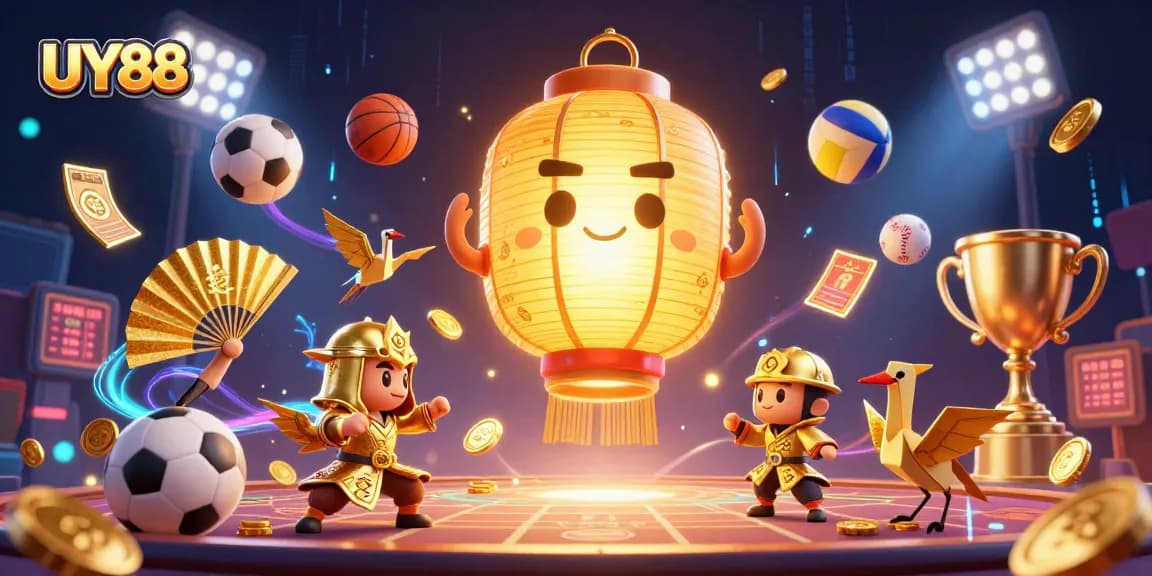 UY88 showcases an energetic casino scene with a glowing lantern spirit and dynamic sports elements.