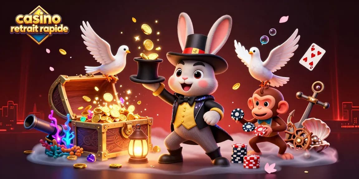 Visualisez le décor animé de casino retrait rapide avec un magicien, une colombe et un singe espiègle.