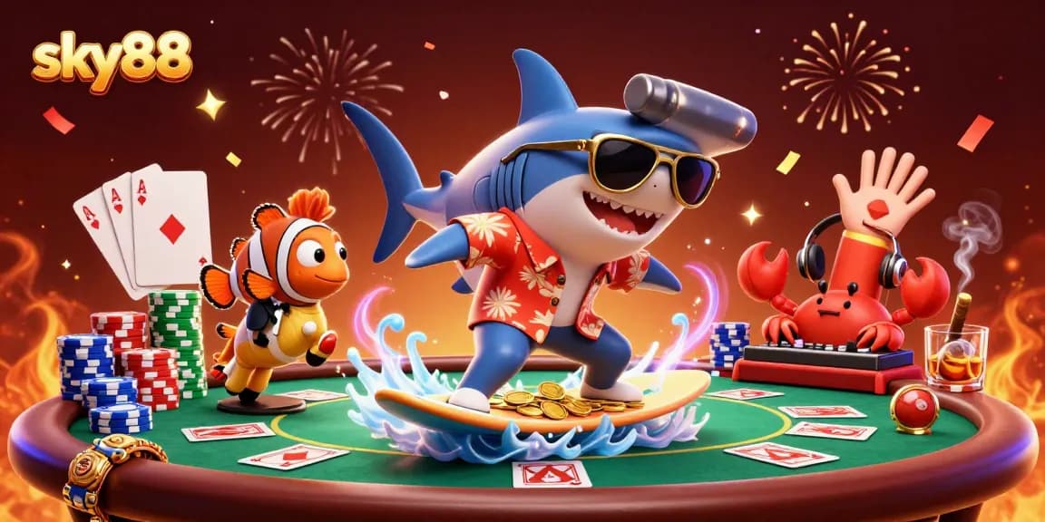 Join the fun at sky88 as a hammer-head shark surfs gold coins amidst poker chips and dazzling celebrations.