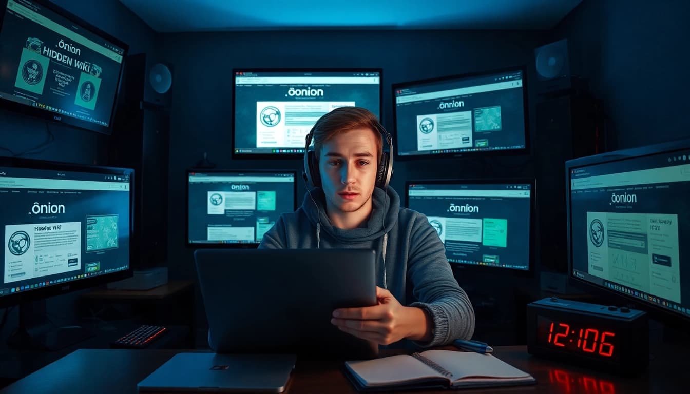 Deep web explorer researching the hidden wiki on multiple screens in a dimly lit room.