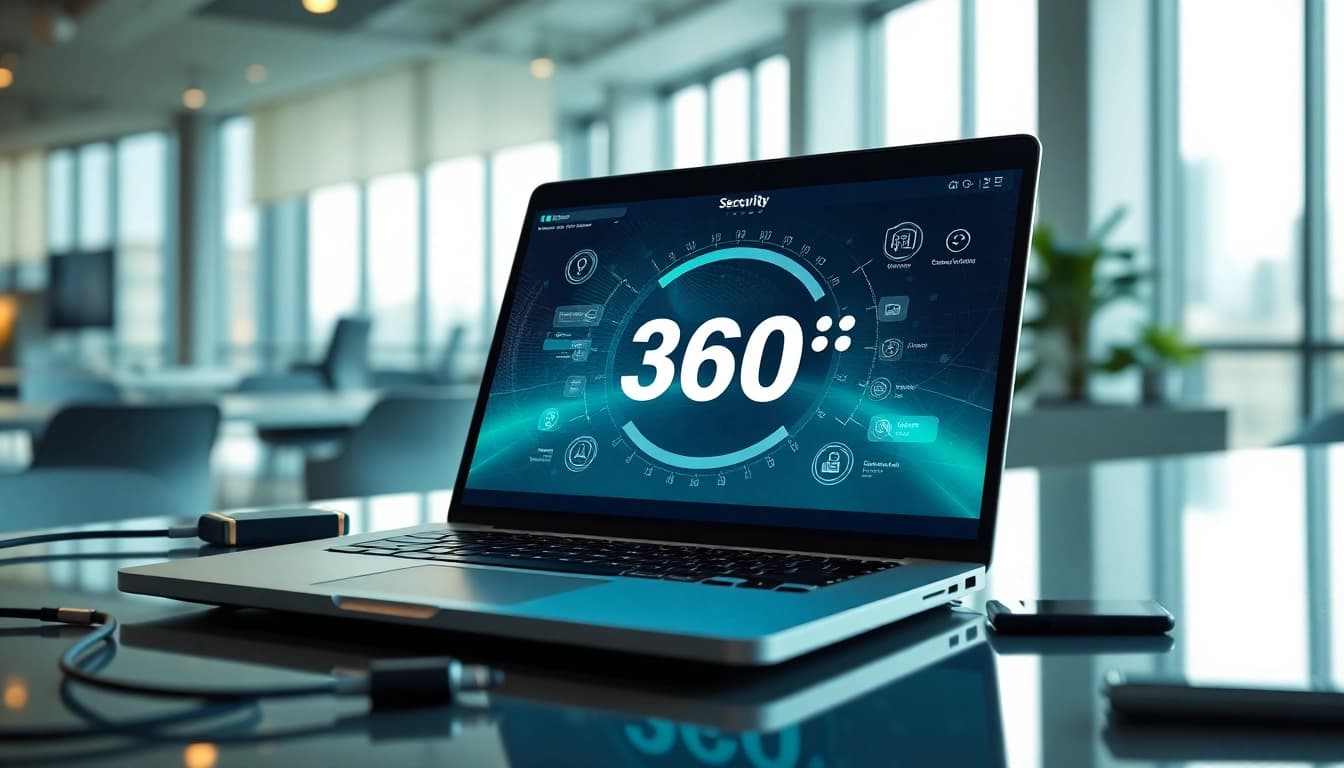 Download 360安全浏下载 on a modern laptop in a clean workspace with city views.