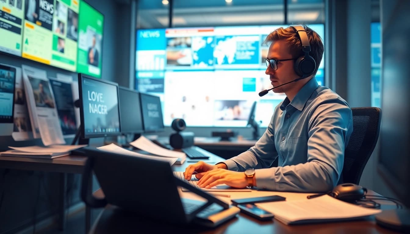 Engaged journalist at workstation accessing https://spectacle.com.ua news platform