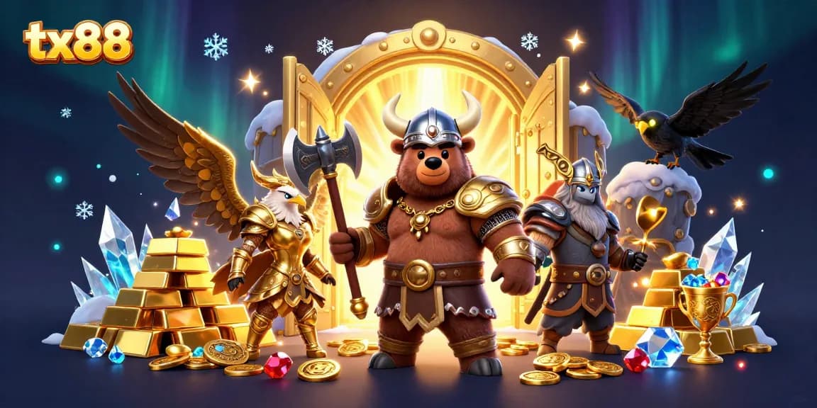 Experience the thrill of tx88 with a vibrant scene of Viking adventurers amidst treasures in a casino setting.