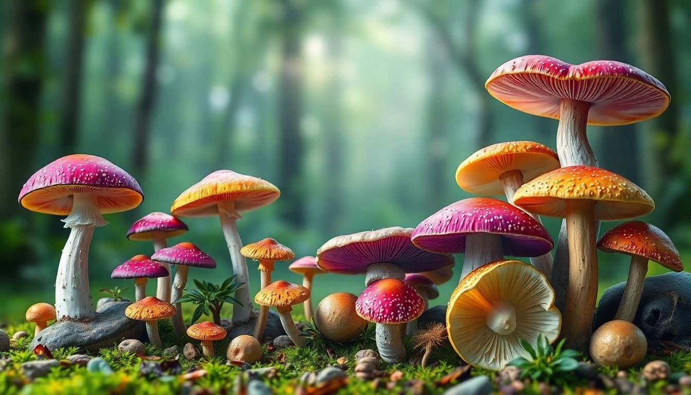 Buy psychedelics online Canada with vibrant mushroom display against a serene forest backdrop.