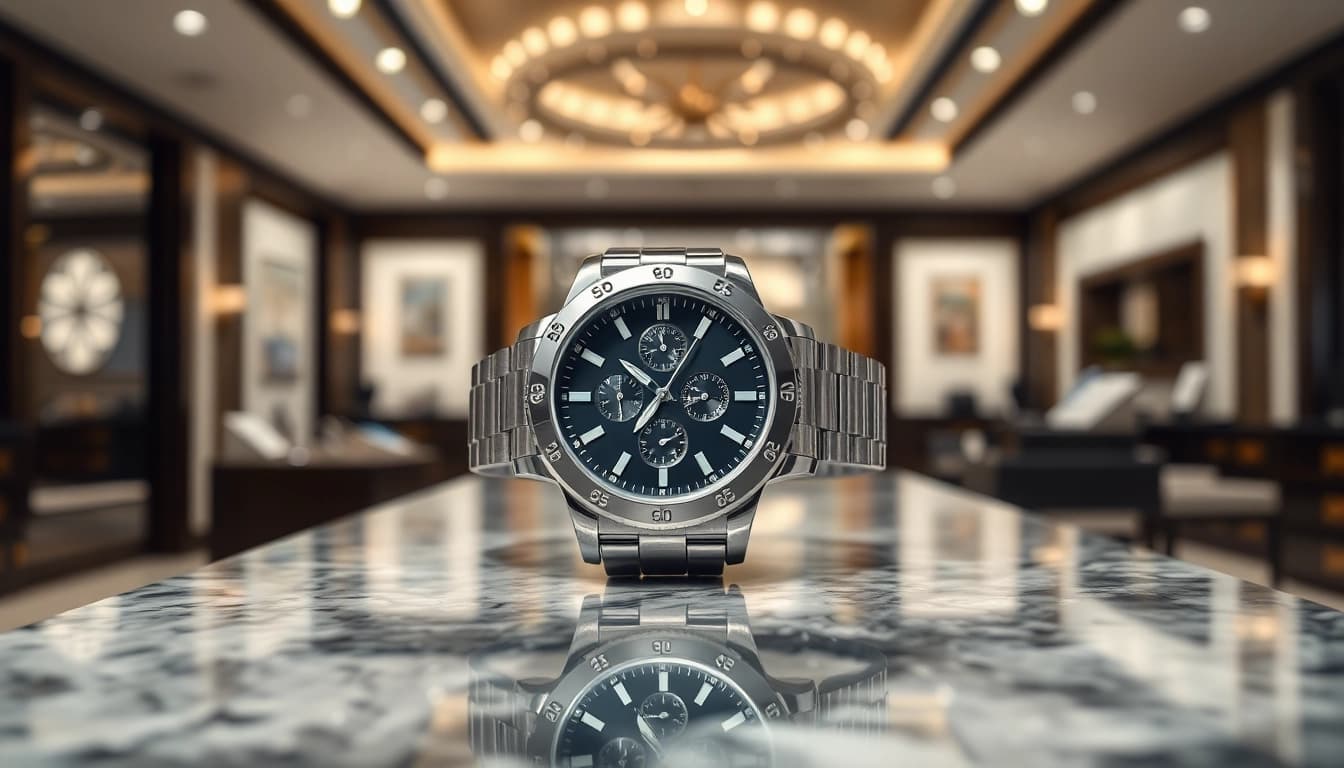 Admire the craftsmanship of a stunning replica watch on a modern display.