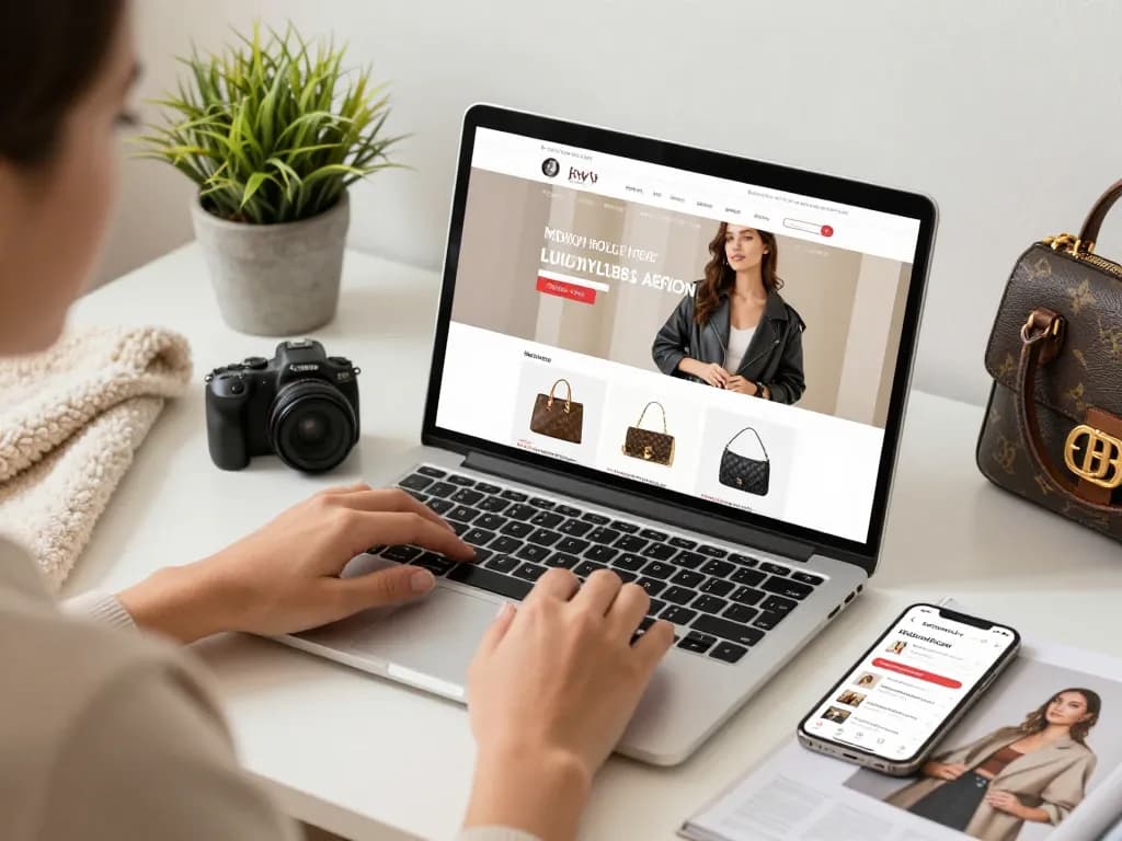 Browsing luxury 레플리카 products on a stylish laptop in a chic setting.