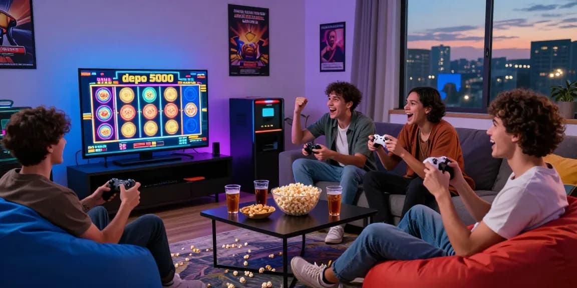 Exciting online gaming atmosphere showcasing friends engaging in slot depo 5000 games.