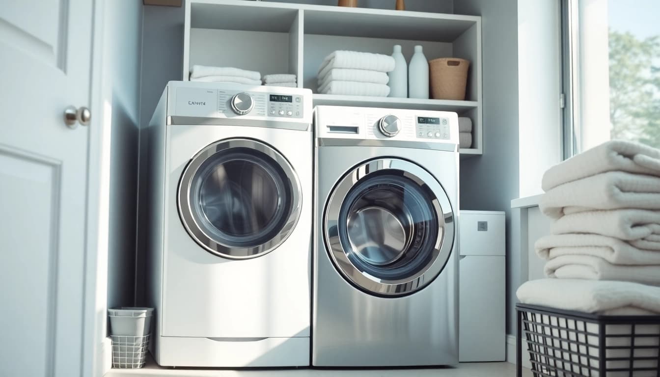 Organized laundry room showcasing a modern laundry machine and neatly arranged supplies.
