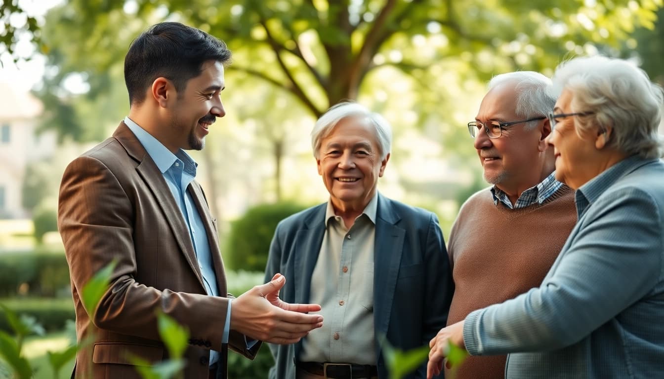 Engaging scene on https://frontidas.com illustrating retirement planning support for seniors in a community park.