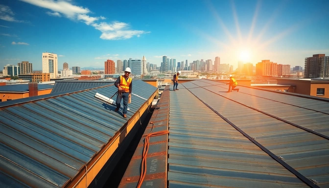 Showcasing professional commercial roofing installation with a vibrant urban backdrop.