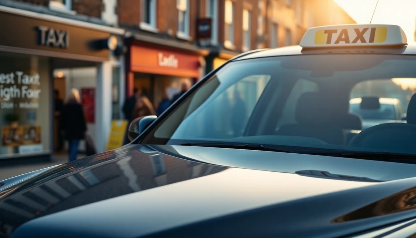 Efficient West Bridgford Taxi waiting on a vibrant street during golden hour.