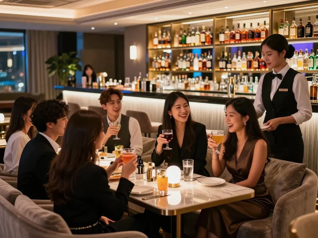 Guests enjoying a lavish night out at 강남쩜오, an upscale entertainment lounge with elegant decor.
