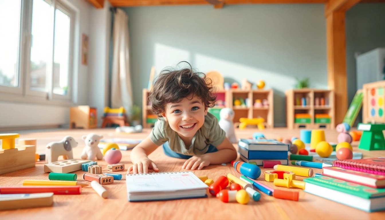 Engaged child exploring educational toys and materials at https://juniorsjunction.com in a bright playroom.